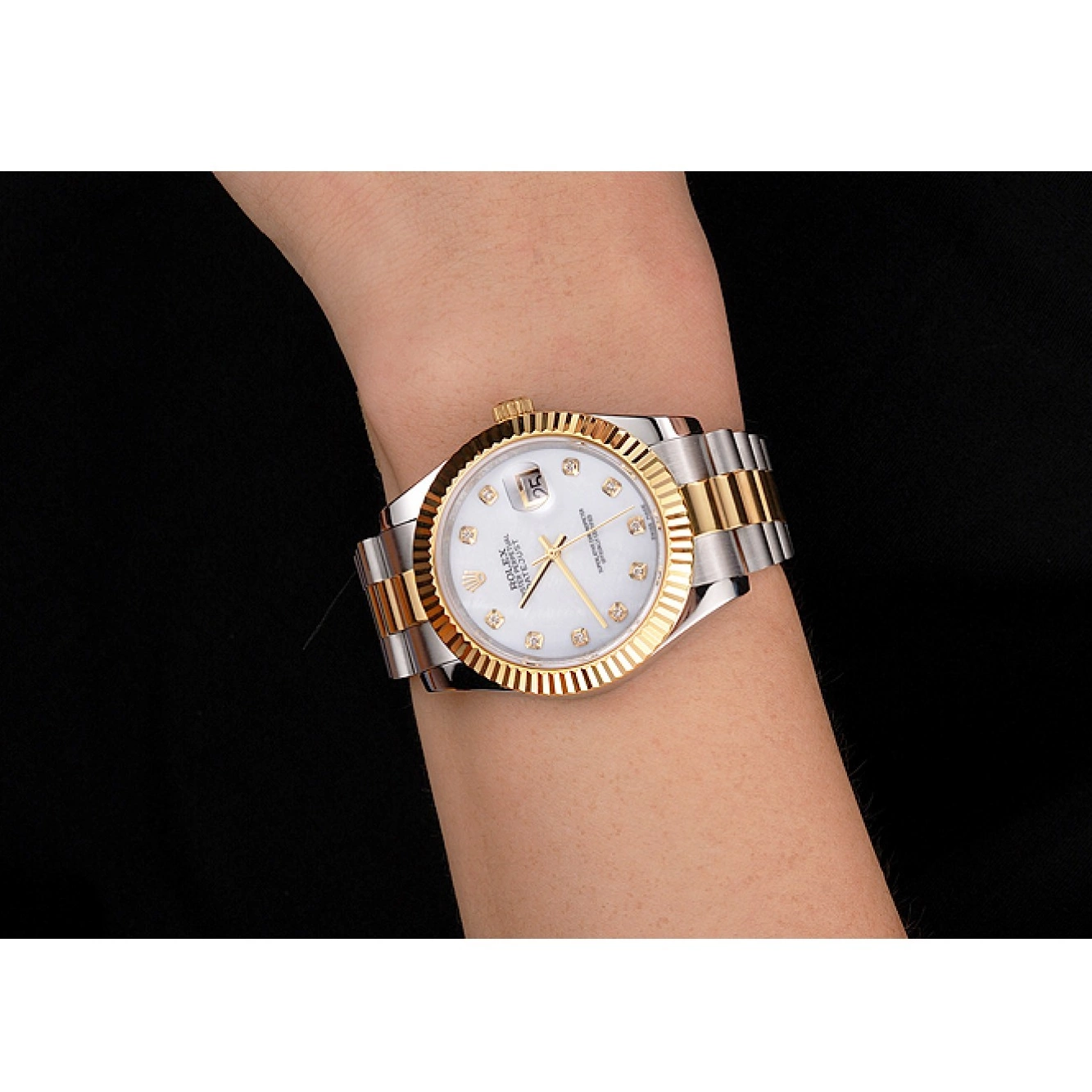 Good copy rolex watches Swiss Bracelet Marks Diamond Stainless Hour White Two Dial Tone Case Rolex Bezel Datejust Steel Gold 0729